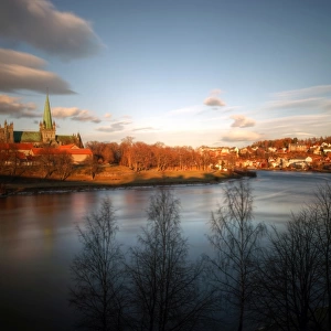 Trondheim Cathedral and city centre golden colours
