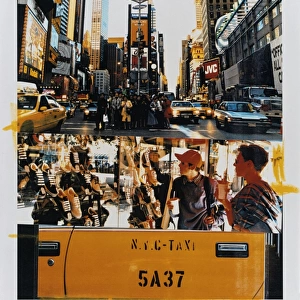 USA, New York City, Times Square, teenage boys and taxi (montage)