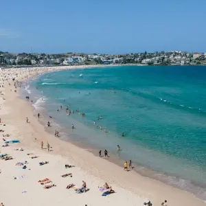 A view of Bondi beach and sunbathers on a bright sunny day A view of Bondi beach and sunbathers on a bright sunny day