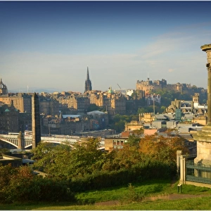 The view from Carlton hill taking in the city sights and the Castle, Edinburgh, Scotland