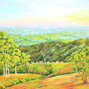 View of Cattle Grazing at Sunrise, Original Painting
