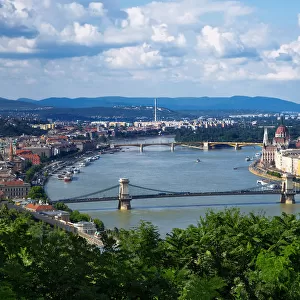View of the Chain Bridge and Skyline of Budapest Along Danube River, Hungary