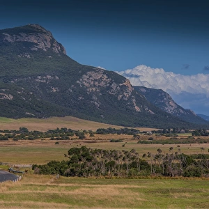 View across countryside towards the Strzelecki mountains, Flinders Island, Bass Strait, Tasmania, Australia