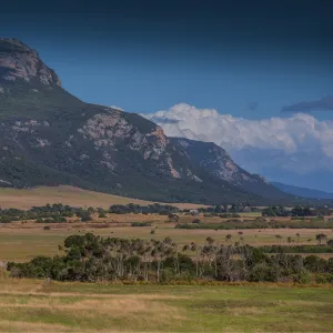 View across countryside towards the Strzelecki mountains, Flinders Island, Bass Strait, Tasmania, Australia