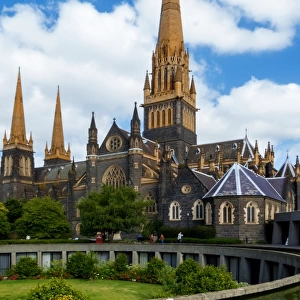 View of the Gothic Revival Central Tower of St Patricks Cathedral, Melbourne, Victoria, Australia