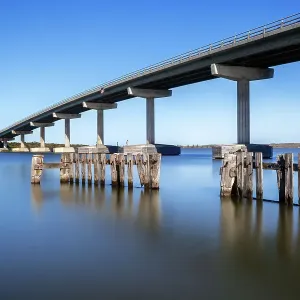 View of the Hindmarsh Island Bridge from the Goolwa Wharf, Goolwa, South Australia View of the Hindmarsh Island Bridge from the Goolwa Wharf, Goolwa, South Australia
