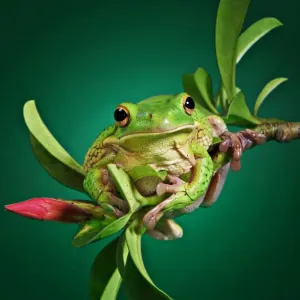 Ein Weißlipperfrosch sitzt auf der Kante einer Zweig von Adenium-Pflanze Ein Weißlipperfrosch sitzt auf der Kante einer Zweig von Adenium-Pflanze