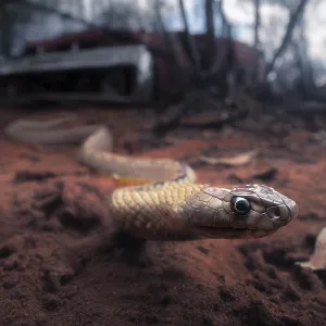 A wild strap snouted brown snake (Pseudonaja aspidorhyncha) emerges from under the wreck of a muscle car A wild strap snouted brown snake (Pseudonaja aspidorhyncha) emerges from under the wreck of a muscle car