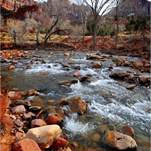 A winter scene of the Virgin river near Springdale, Utah, USA