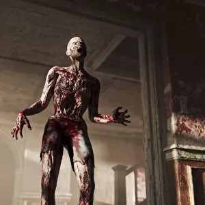 Zombie: male zombie walking through dark house
