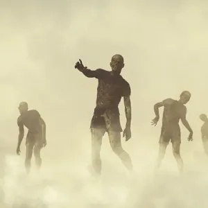 Uomini zombie che si avvicinano attraverso la nebbia.