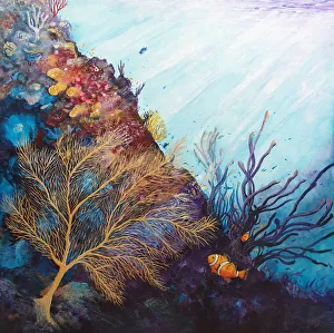 Nicola Morgan Artworks Prints: An acrylic artwork of a golden fern on a shallow reef with clownfidh and tropical corals