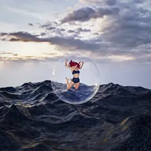 Arms Raised Prints: adventure, ar, arms raised, augmented reality, bikini, bizarre, bubble, choppy, cocoon