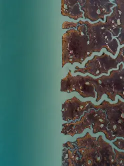 Aerial image above marshlands at the edge of a river, Cadiz, Spain