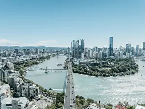 Aerial photo looking along a highway leading towards Brisbane city centre, Queensland, Australia