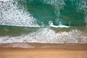 Elevated View Prints: Aerial view of a beach in Mooloolaba, Sunshine Coast with turquoise coloured water