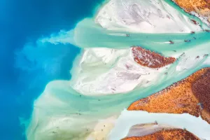 Prints of Braided Makarora River flowing into Lake Wanaka, South Island of New Zealand New Zealand Prints: Aerial view of braided river