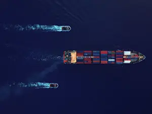 Aerial view of a cargo ship. Shipping containers business