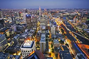 City Life Prints: Aerial view of the city centre of Melbourne illuminated at dusk