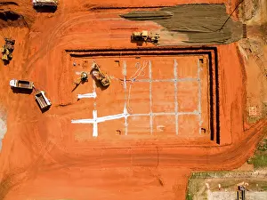 Abstract Aerial Art Prints: Aerial View of Construction Site With Gridded Foundation