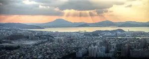 Aerial view of Fukuoka at sunset