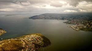 Images Dated 3rd September 2014: Aerial view of Hobart coastline on cloudy day