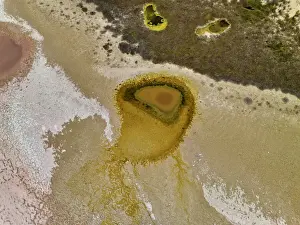 Aerial view of the natural patterns of the salty pink Lake MacDonnell in South Australia