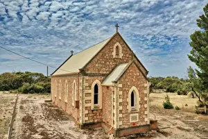 Aerial view of an old remote stone church in rural South Australia - Calca