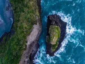 Prints of Piha is New Zealands most famous surf beach New Zealand Prints: Aerial view of Piha Beach, Auckland, New Zealand