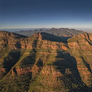 An aerial view of the rugged and scenically beautiful mountain ranges of Wilpena Pound in the southern region of the Flinders Ranges National Park in South Australia