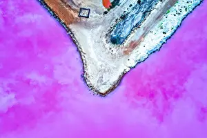 Aerial view over the stunning colourful lake at Hutt lagoon. Port Gregory, Western Australia
