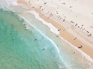 Aerial view of Surfers and people at Iconic Bondi Beach Australia