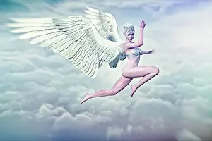 One Young Woman Only Prints: angel, angelic, barefoot, beauty, blonde hair, bottomless, bra, cloud, color image