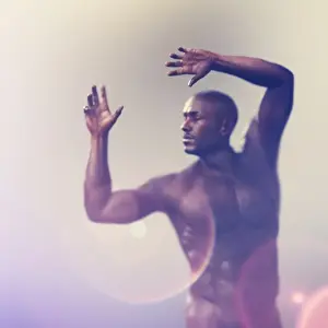 ar, arms raised, augmented reality, bald, bare chest, blurred, color image, concept