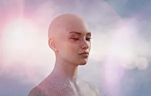 Contemplating Prints: ar, augmented reality, bald, body implants, calm, close up, cloud, color image, concept