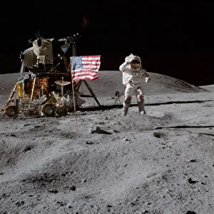 Astronaut John Young leaps from lunar surface to salute flag Astronaut John Young leaps from lunar surface to salute flag