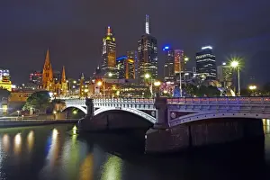 Nightlife Prints: Australia, Melbourne, Princes Bridge and cityscape illuminated at dusk