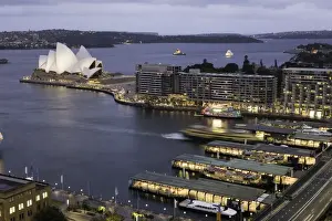 Australia, Sydney, Sydney Harbour, dusk, elevated view