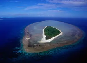 Great Barrier Reef Prints: Australia, vegetated coral island, aerial view