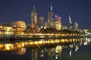 Yarra River Prints: Australia, Victoria, Melbourne city skyline, Yarra River, night