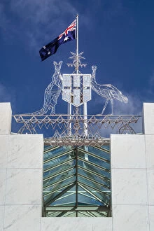 Images Dated 26th July 2017: Australian Flag and Coat Of Arms Parliament House, Canberra, Australia