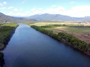 <b class=qtipBold><figcaption>Barron River</figcaption></b><br>This aerial photo shows the lower reaches upstream from the delta of the Barron River, near Cairns, Queensland, Australia. The riverbanks are lined with mangrove trees due to the proximity of the Pacific Ocean and as such this portion of the river is affected by tides. Recreational fishing is a popular pastime in these waters, fishermen undeterred by regular sightings of large saltwater crocodiles. The Barron River headwaters are in the Atherton Tablelands district before flowing through rainforest clad mountains of the Kuranda National Park via Mareeba.<br><em>© 2015 Michael Thirnbeck</em> Barron River