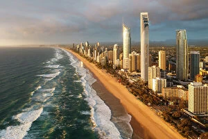Images Dated 29th October 2023: Beach and skyline at sunrise, Gold Coast, Australia