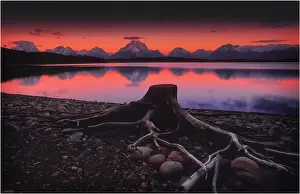 Jackson Lake Prints: A beautiful coloured dawn casts its glow over Jackson lake in the Grand Tetons, Wyoming