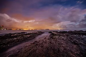 Prints of currumbin, gold coast, sunrise, canon, thisisaustralia, Queensland (QLD) Queensland (QLD) Prints: Beautiful twilights cloudy sunset over the textured rocks at Currumbin alley