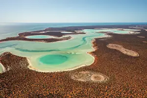 Big Lagoon in Francois Peron National Park shot from an aerial point of view on a sunny day, Shark Bay, Western Australia, Australia