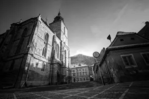 Brasov black church and old town and mountain view