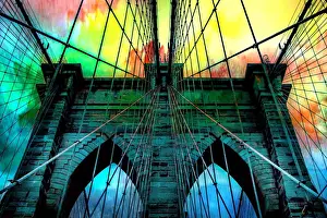 Alt New York Architecture Prints: Brooklyn Bridge architecture in rainbow colors