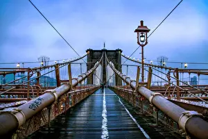 Az Jackson Prints: Brooklyn Bridge at dusk under a cloud of fog