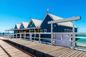 Busselton Prints: Busselton Jetty on a sunny day with tourists in front of souvenir shop in Busselton